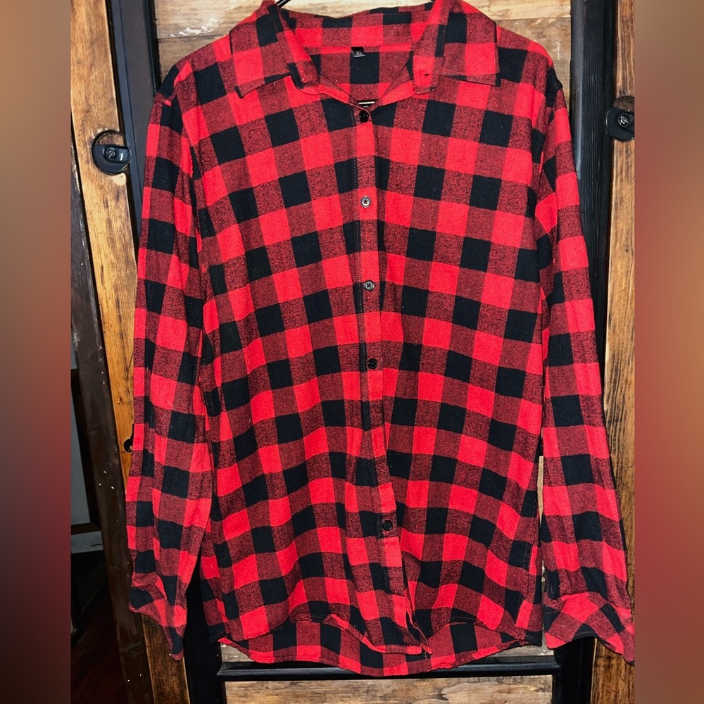 Red and Black Plaid Button-Up Shirt